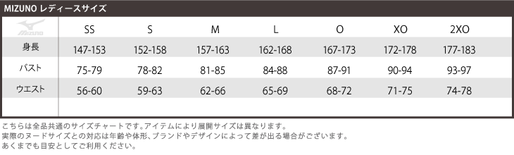 ミズノウィメンズサイズチャート